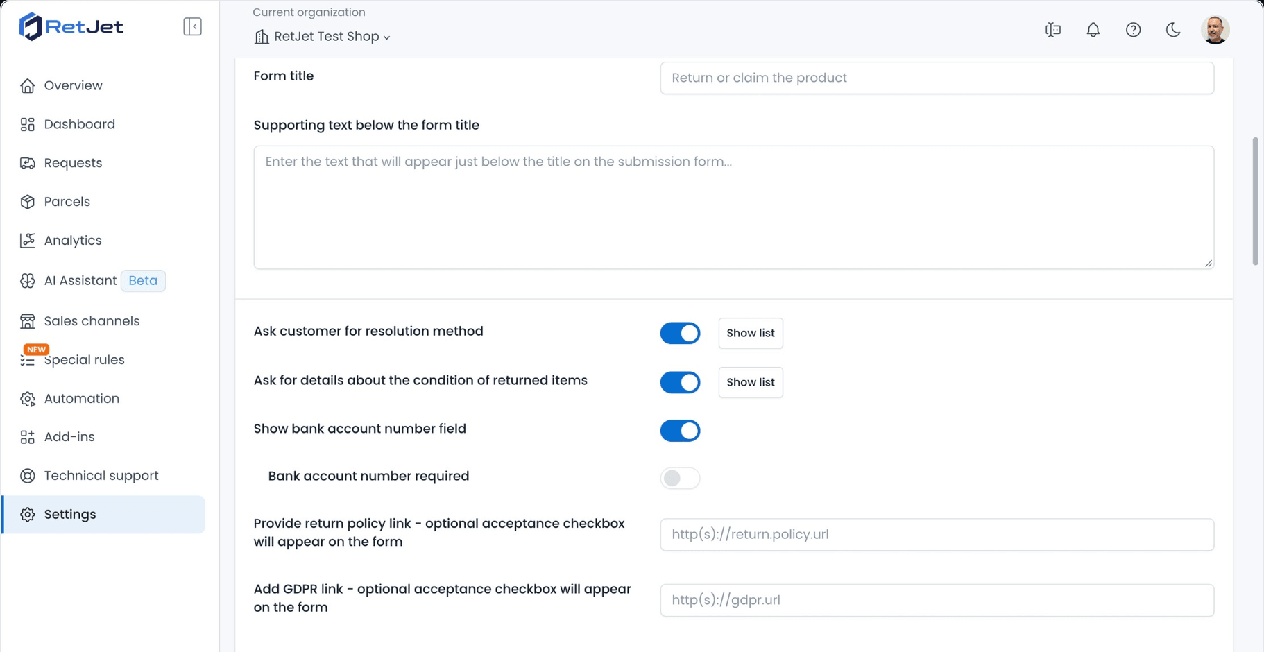 Ustawienia formularza w panelu RetJet: tytuł, tekst pomocniczy, rozwiązanie, stan produktu, numer konta oraz linki do regulaminu i RODO