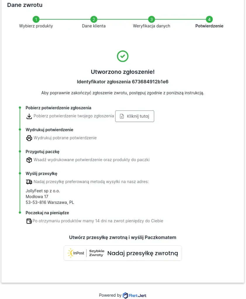 Formularz zwrotu z wyborem sposobu nadania