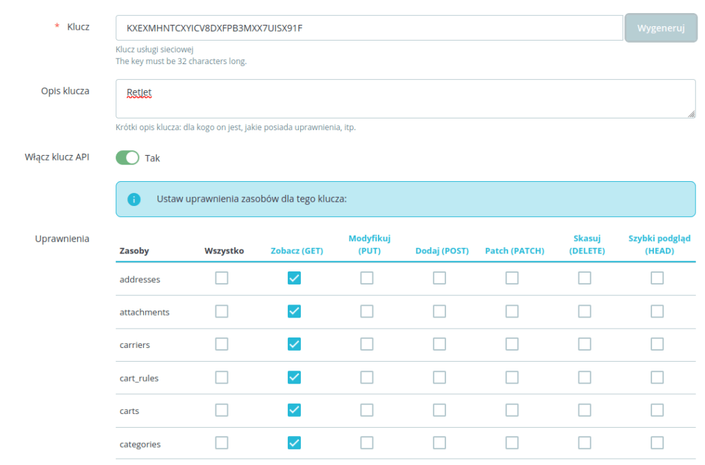 Konfiguracja API w PrestaShop, zrzut 1