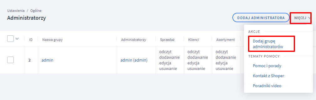 Konfiguracja API w Shoper, zrzut 1
