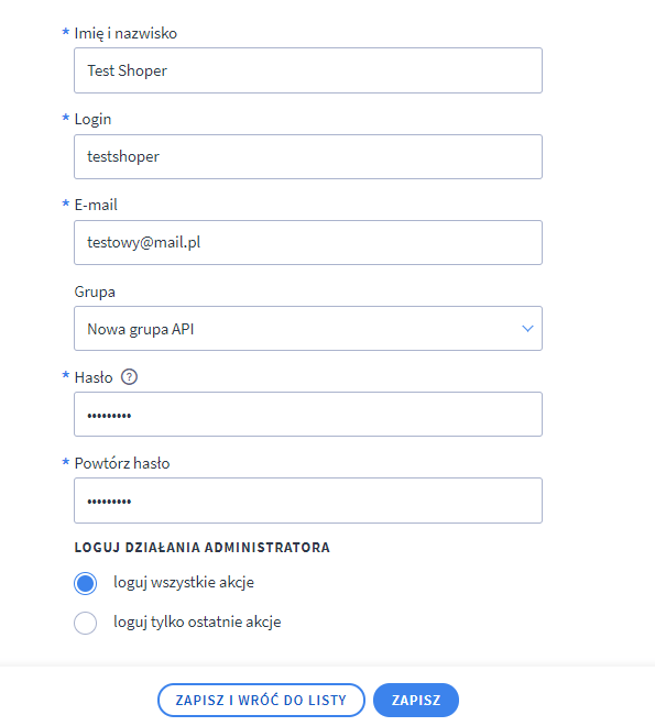 Konfiguracja API w Shoper, zrzut 5
