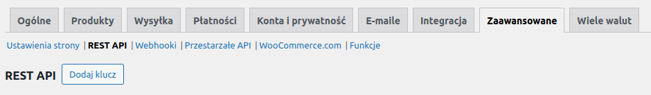 Konfiguracja API w WooCommerce, zrzut 1