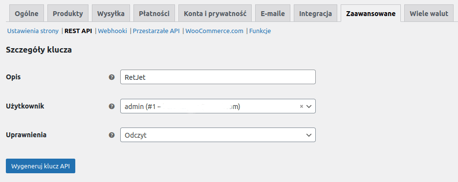 Konfiguracja API w WooCommerce, zrzut 2