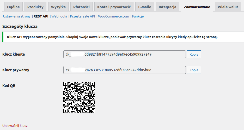 Konfiguracja API w WooCommerce, zrzut 3